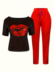 Women's Plus Lip Print Tee & Colorblock Pants Set