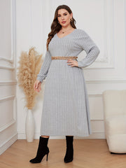 Casual Dress Solid Ribbed Drop Shoulder V Neck Midi Dress