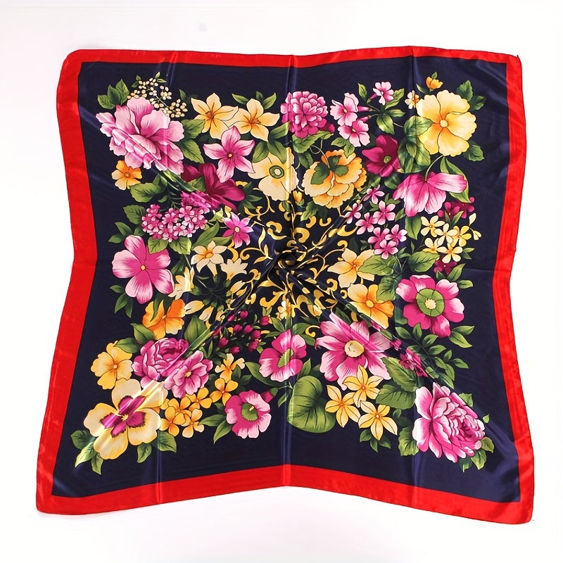 Silky Square Floral Print Scarf Satin Shawl 89x92 Cm