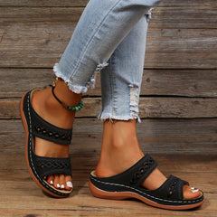 Women's Hollow Out Sandals Faux Leather Open Toe Slip On Wedge Shoes