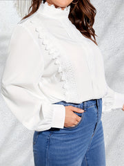 Blouse Women's Plus Solid Contrast Lace Panel Lantern Sleeve