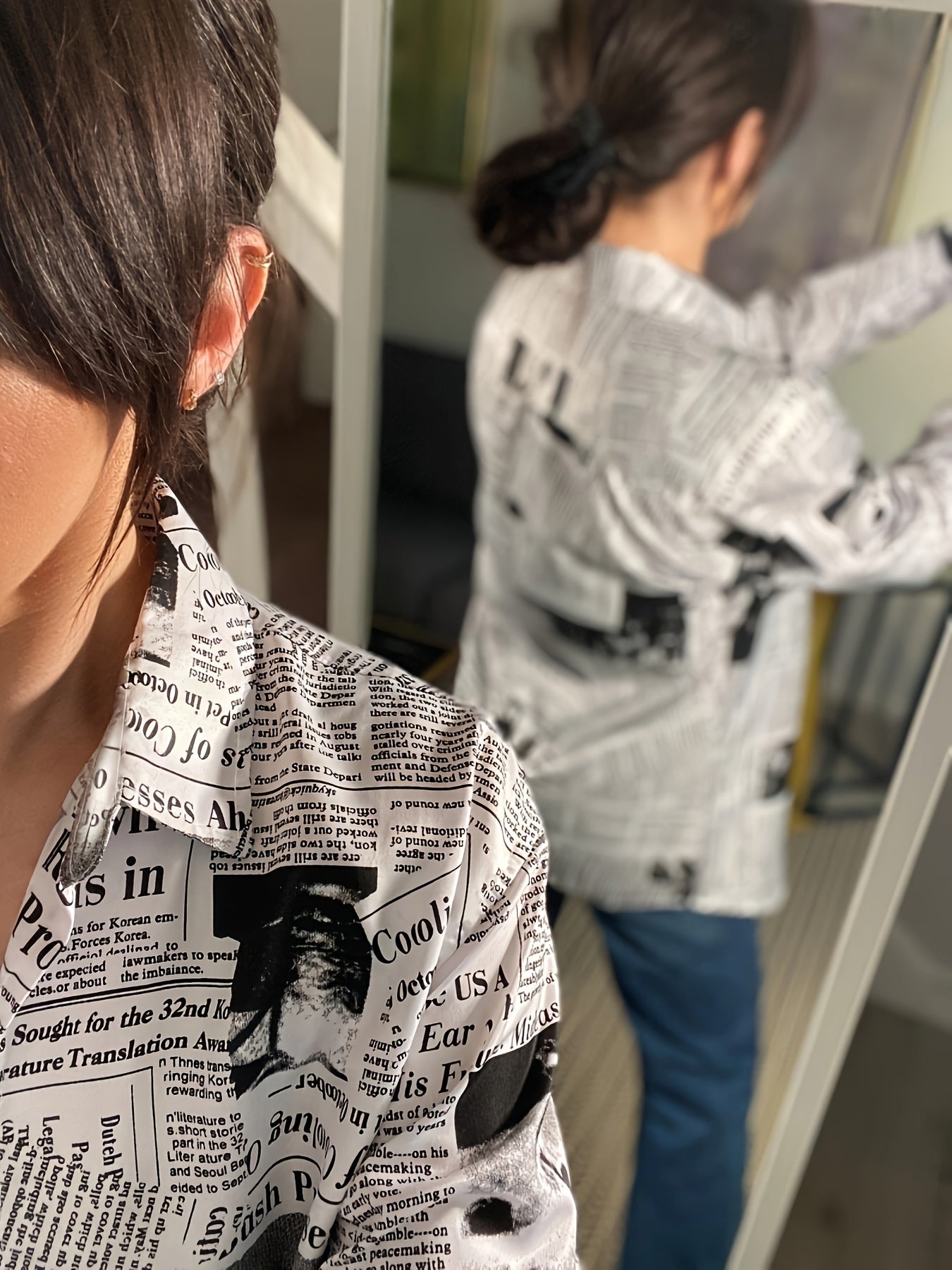 Newspaper Print Button Up Long Sleeve Blouse