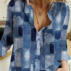 Denim Print Long Sleeve Button Up Shirt Top
