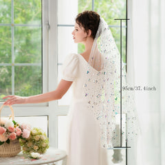 Short Bridal Veil with Floral Print and Comb
