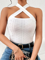 Ribbed Cross Halter Neck Tank Top Casual Sleeveless Top Women's Clothing