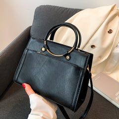 Round Handle Satchel Crossbody Tote Bag PU Leather Textured Shoulder Bag