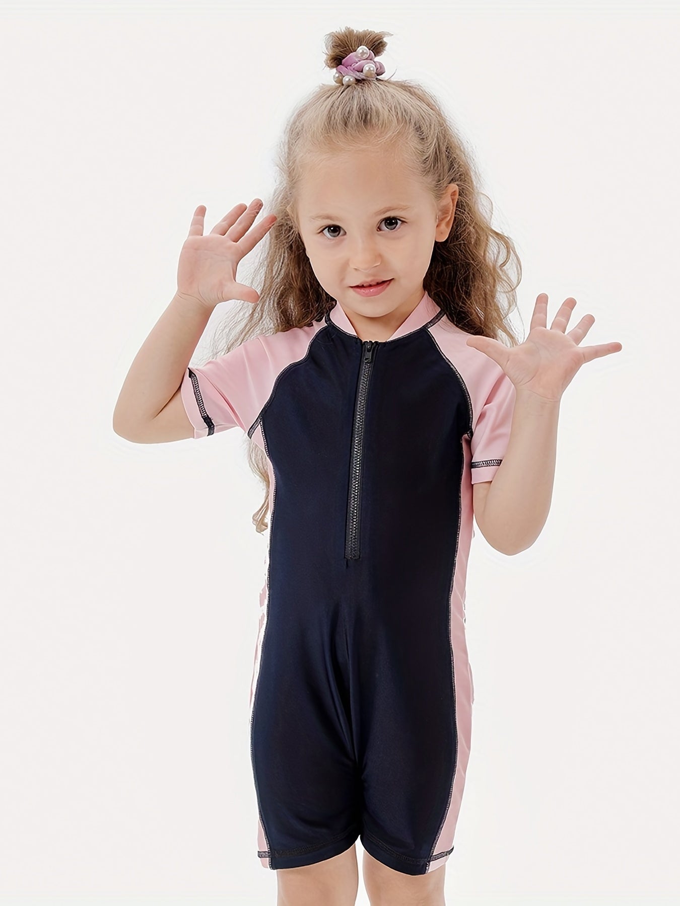 Toddler Girls Block Zipper Short Sleeve Stand Collar Swimsuit