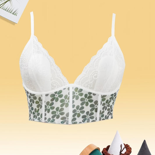 Floral Print Lace Bustier Semi Sheer Bra Cami Top