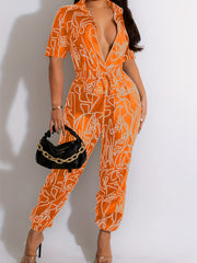 Plunging V Neck Drawstring Jumpsuit Sexy Short Sleeve Summer Women's Clothing
