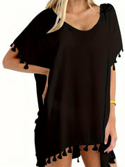 Tassel Decor Cover Up Shirt Round Neck Boho Style Semi Sheer Split Cover Ups