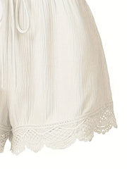 Casual Shorts Women's Plus Solid Elastic Drawstring Contrast Lace Trim