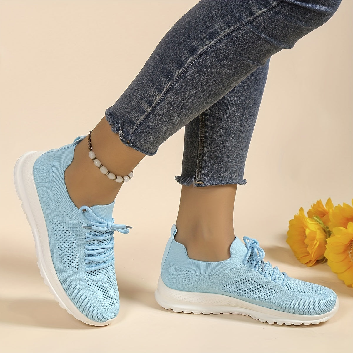 Women's Knit Lace Up Sneakers Non slip Weaving Sneakers