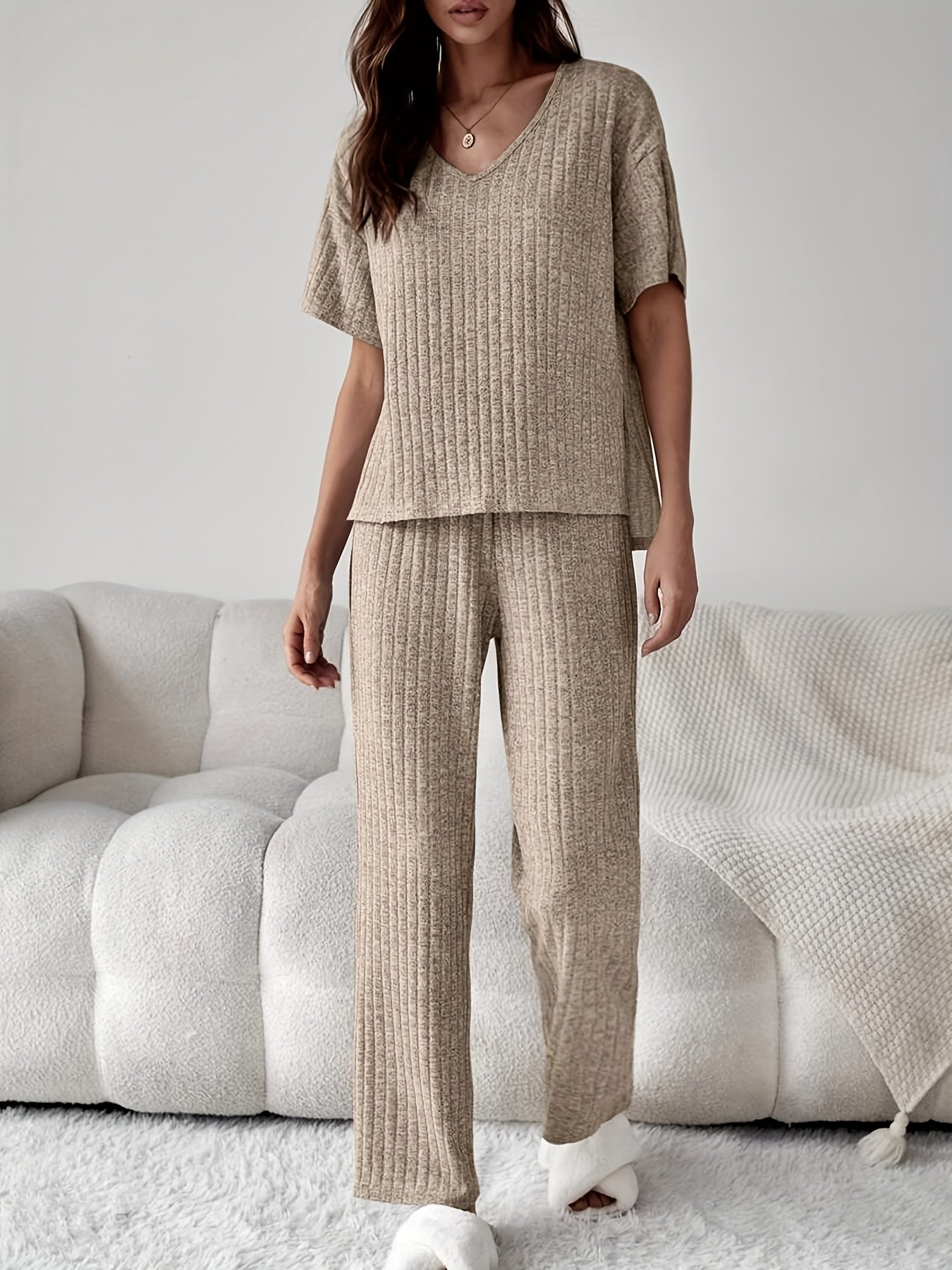 Ribbed Lounge Set Short Sleeve Top & Pants Women's Loungewear