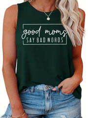Casual Top Women's Plus Slogan Print Round Neck Tank Top