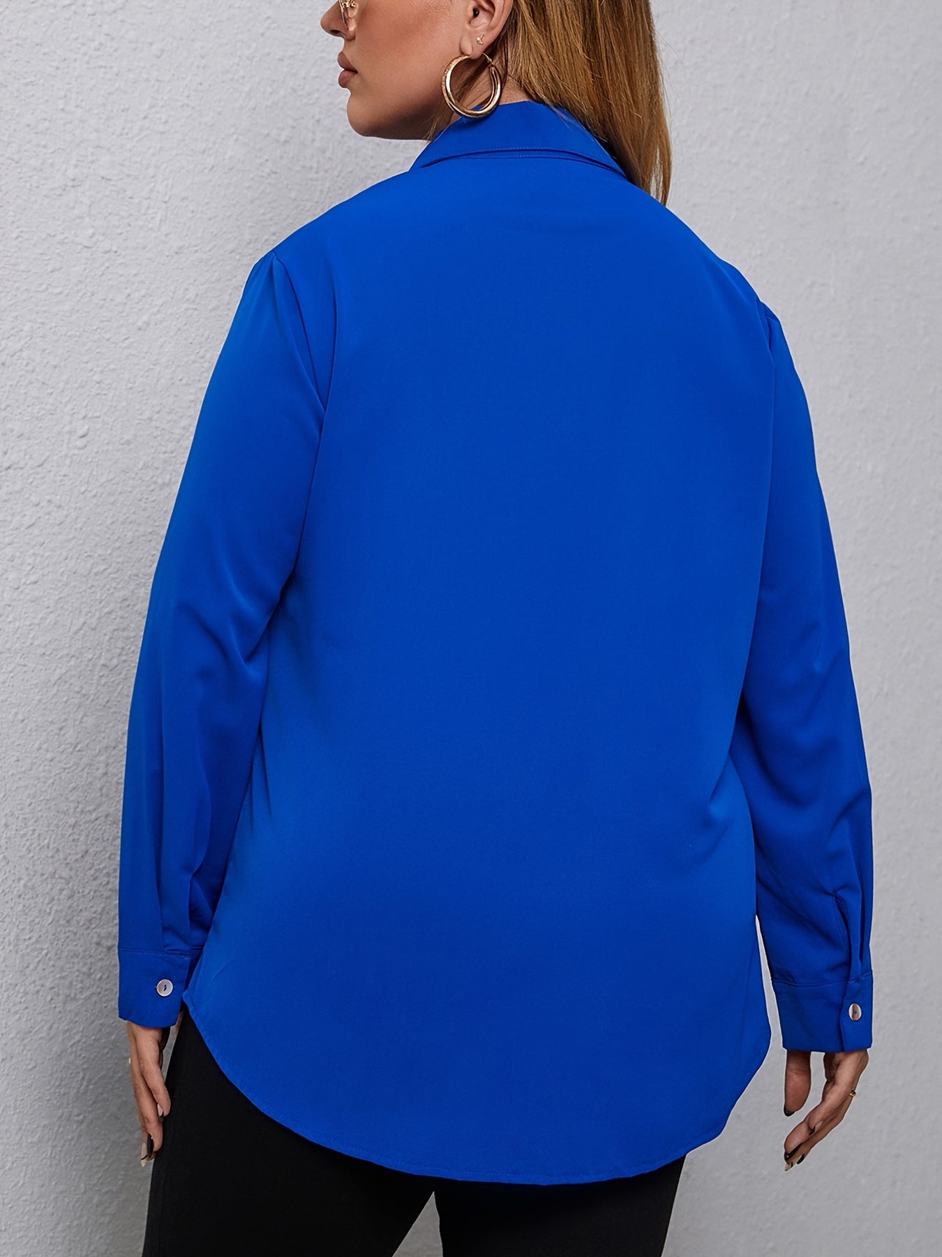 Solid Lapel Collar Long Sleeve Shirt Women's Plus Button Down T-shirt