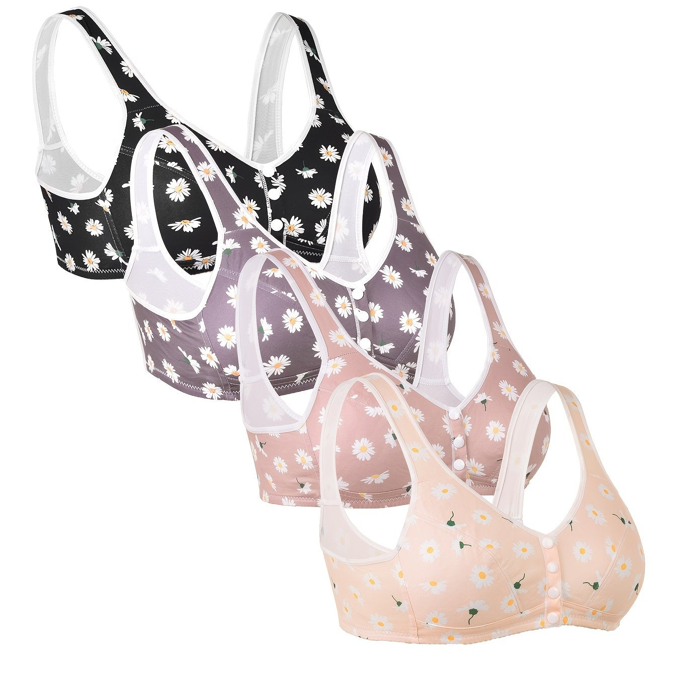 4 Pack Daisy Print Wireless Comfort Bra Set Plus Size
