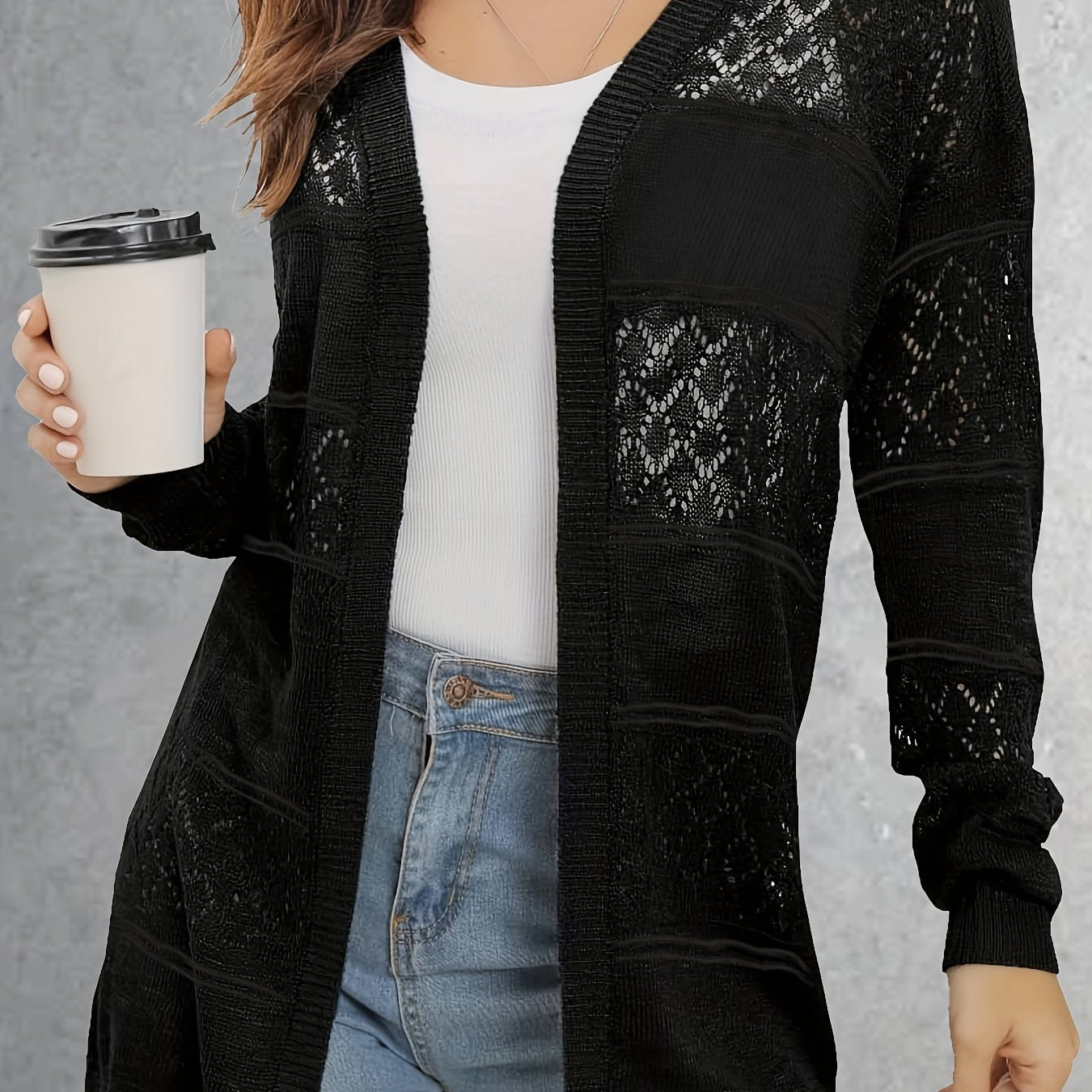 Hollow Out Knit Cardigan Long Sleeve Sweater