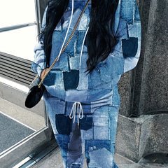 Women's Plus Denim Print Hoodie & Joggers Set