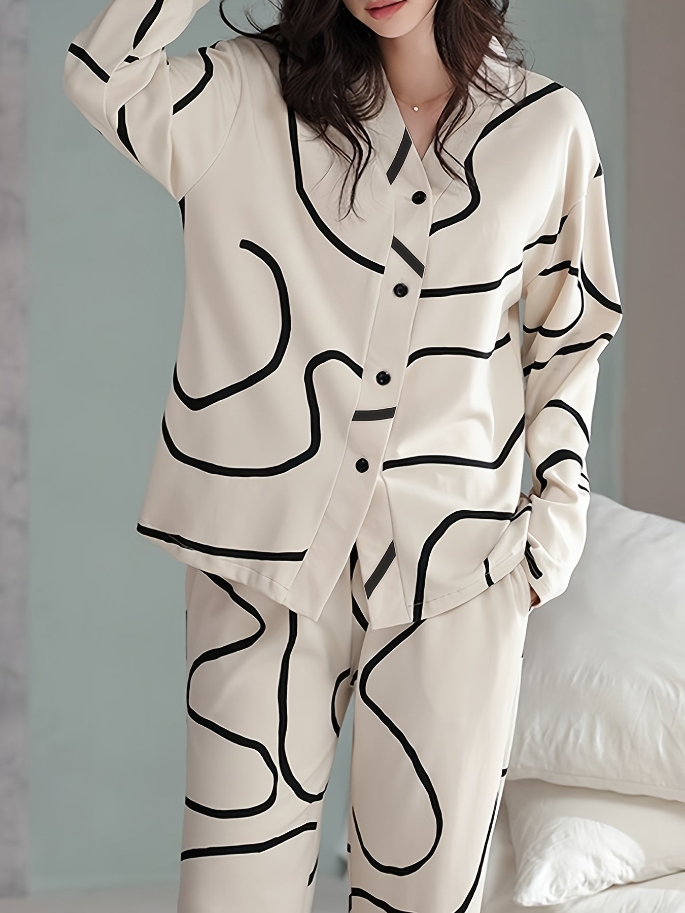 Geometric Pattern Pajama Set Long Sleeve Top & Pants