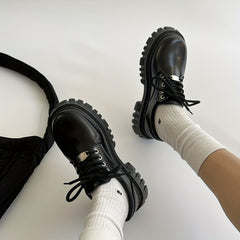 Women's Platform Loafers Lace Up Shoes British Style