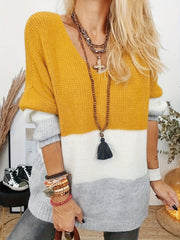 Colorblock V Neck Sweater Women's Casual Long Sleeve Pullover