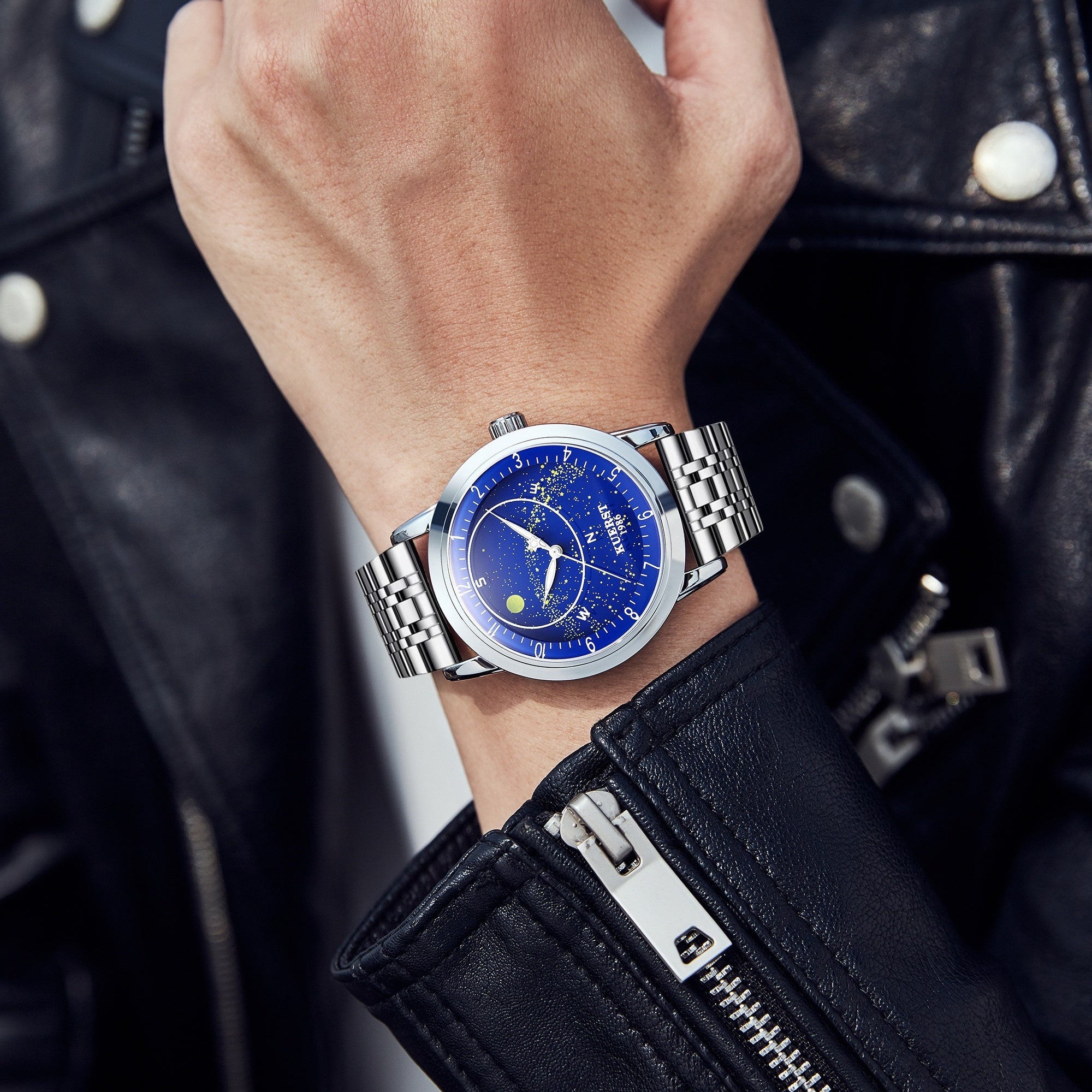 KUERST Steel Belt Automatic Mechanical Watch Waterproof Luminous Starry Sky