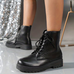 Women's Chunky Combat Boots Lace Up Faux Leather Boots