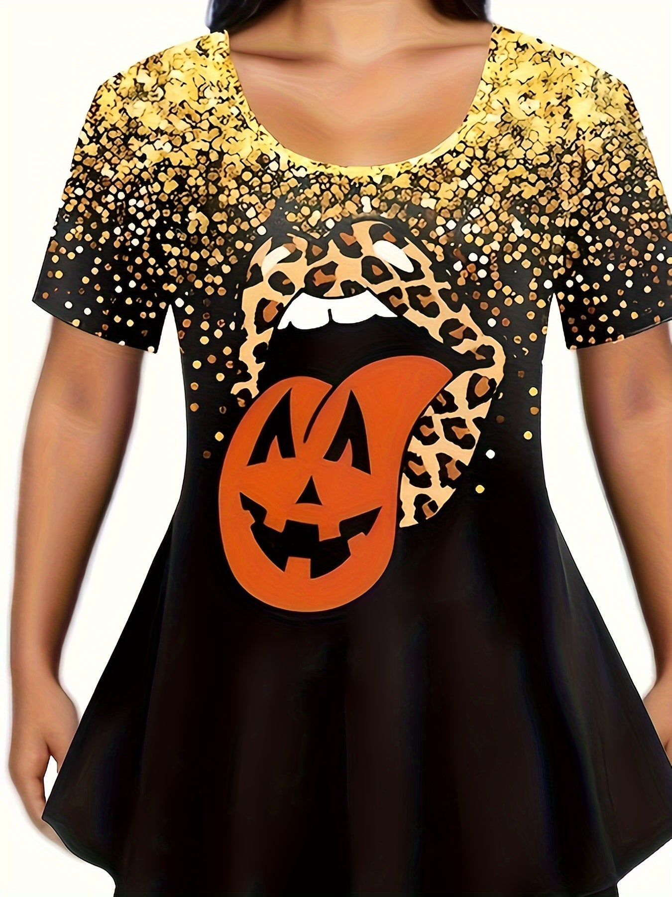 Women's Plus Abstract Pumpkin Lip & Golden Sequin Print Tunic Top & Pants Outfit