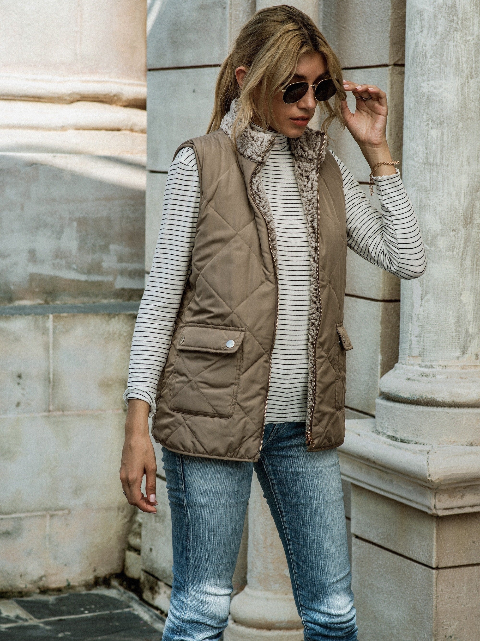 Solid Zip Up Vest Stand Collar Sleeveless Vest With Pockets