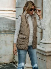 Solid Zip Up Vest Stand Collar Sleeveless Vest With Pockets