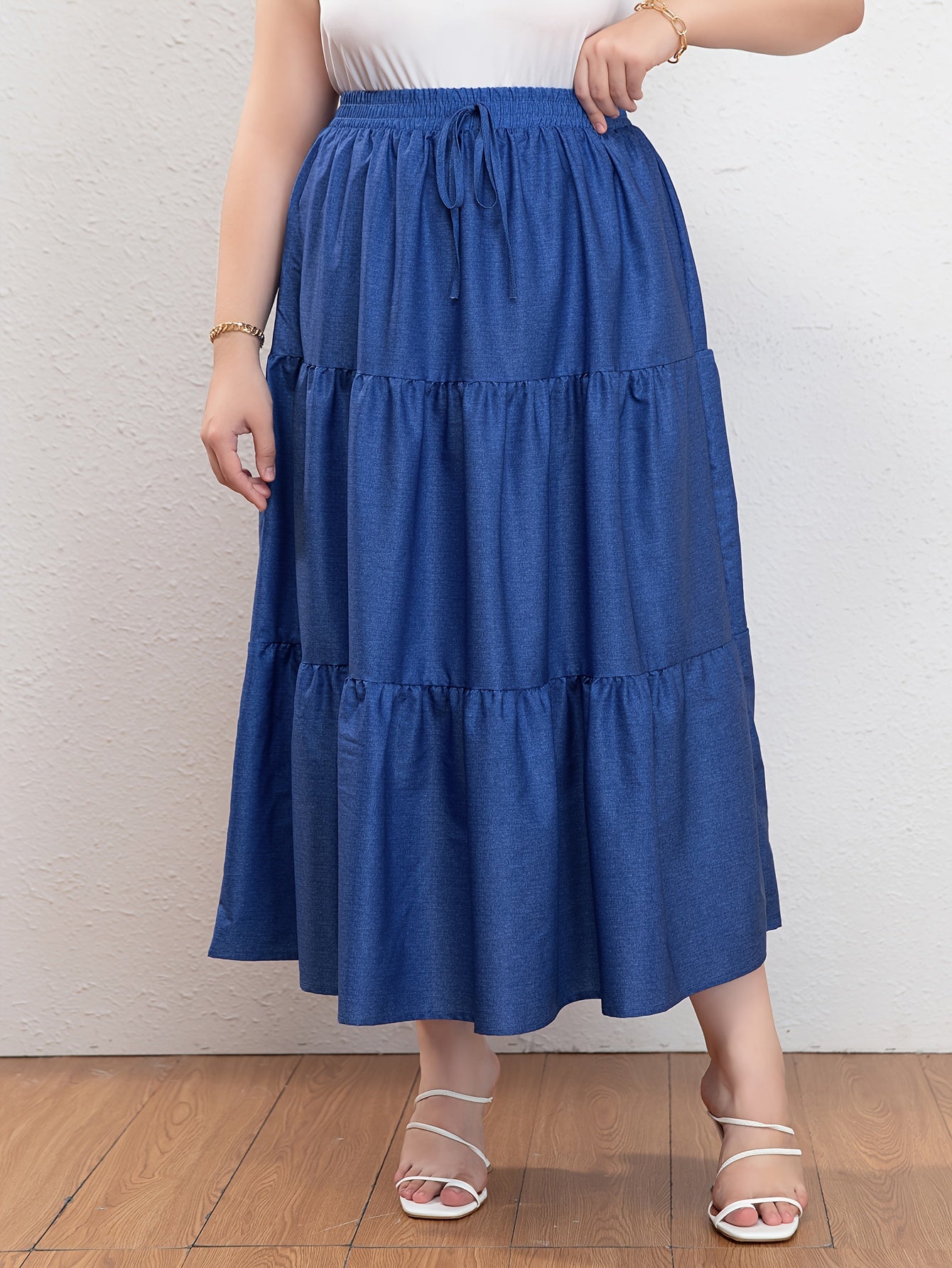 Women's Denim Print Drawstring Smock Skirt