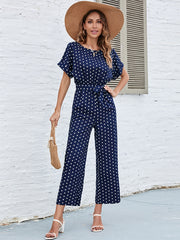 Polka Dot Round Neck Short Sleeve High Waist Jumpsuit