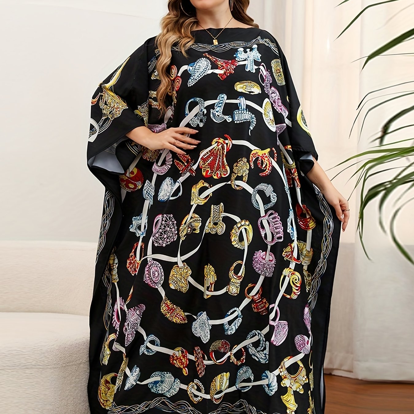 Boho Cover Up Women's Plus Graphic Print Loose Kaftan Dress