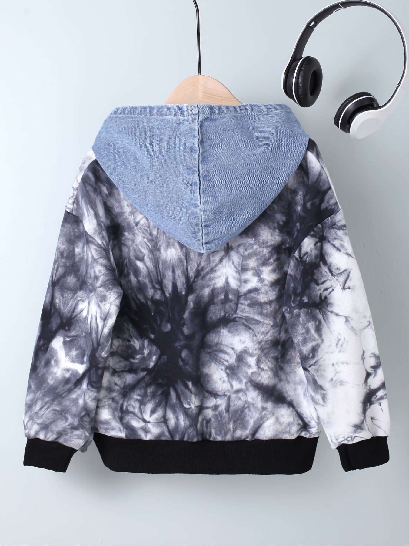 Boys Denim Hooded Sweatshirt With Tie Dye Print