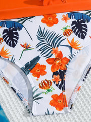 Kid Girl's Tropital Bikini Swimsuit Frill Trim Strappy Bikini Top & Floral Botto