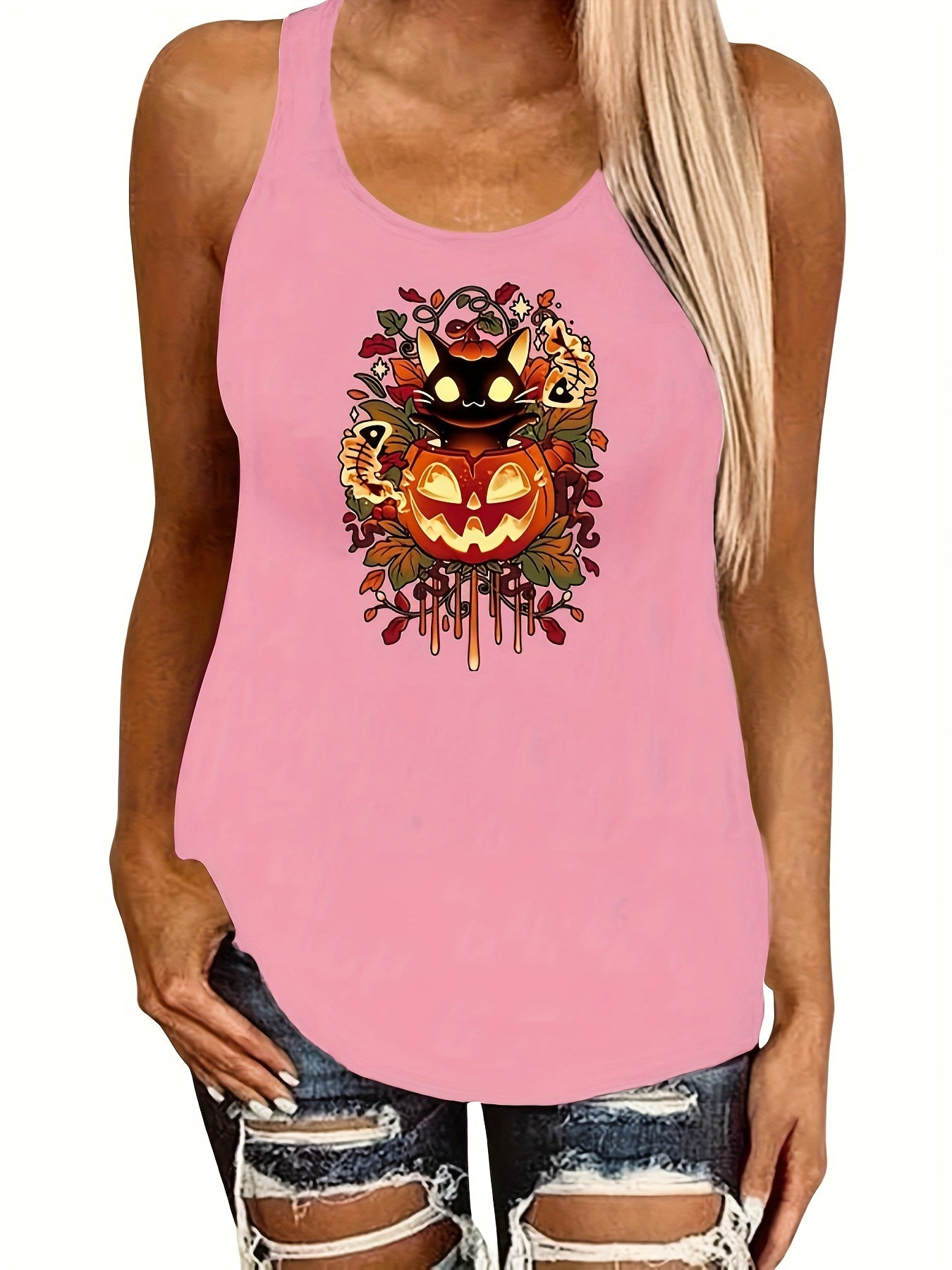 Halloween Jack O' Lantern Tank Top Sleeveless Crew Neck Women's Clothing