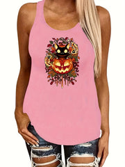 Halloween Jack O' Lantern Tank Top Sleeveless Crew Neck Women's Clothing