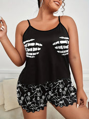 Halloween Skull Print Pajama Set Women's Cami Top & Shorts