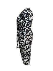 Allover Print V Neck Long Sleeve Ruched Dress