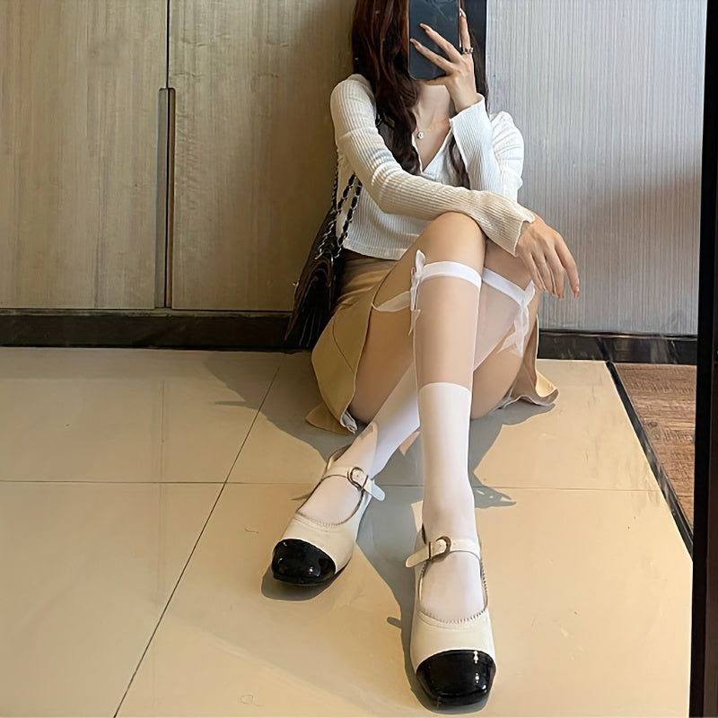 Mesh Stitching Bow Calf Socks Knee High Women's Stockings