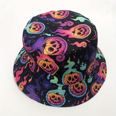 Flame Pumpkin Print Reversible Y2K Bucket Hat Lightweight Halloween