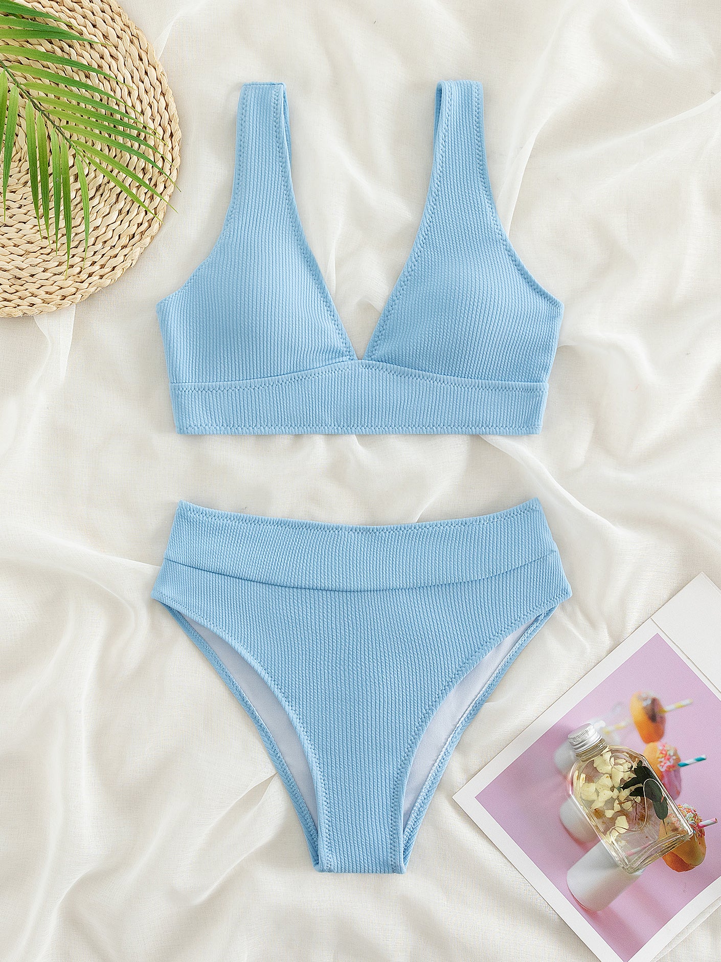 Solid Rib nit High Waist Bikini Swimsuit