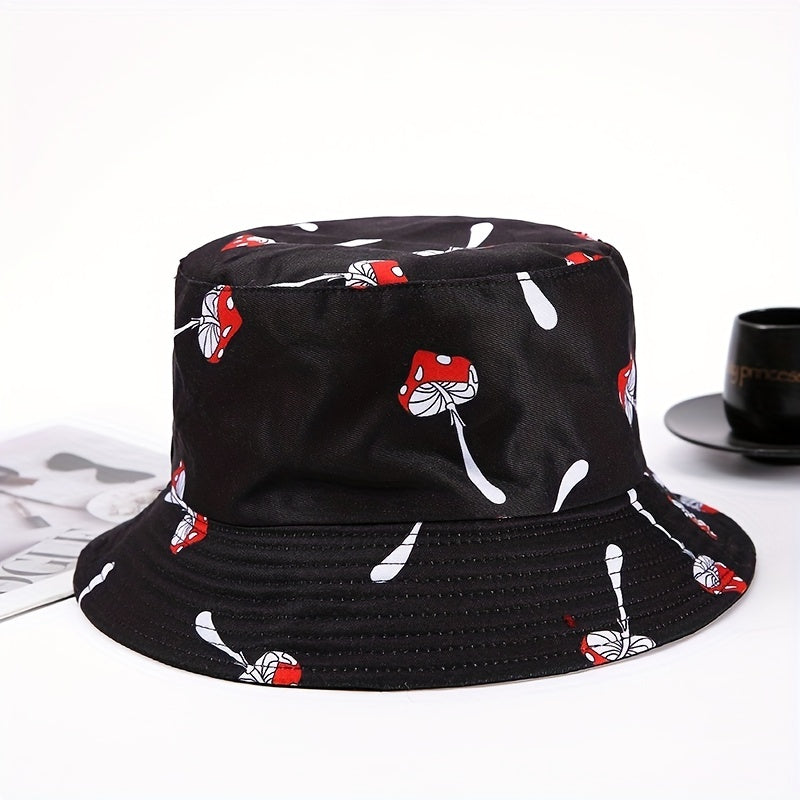 Red Mushroom Print Bucket Hat Casual Sunshade Basin Hat Unisex