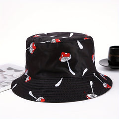 Red Mushroom Print Bucket Hat Casual Sunshade Basin Hat Unisex