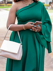 Solid Bell Sleeve One Shoulder Dress