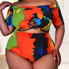 Colorful Painting Print Off Shoulder Swimsuit Set