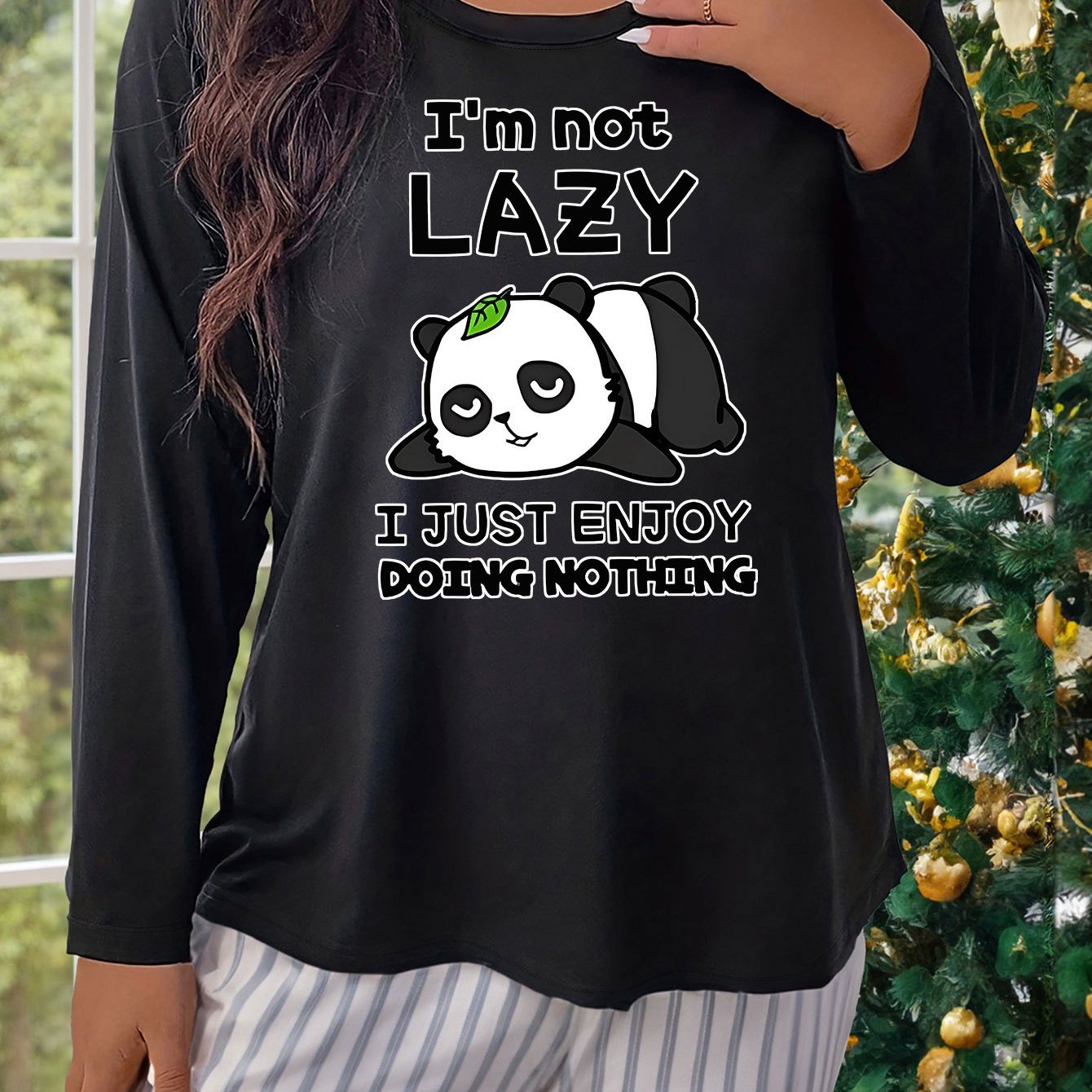 Women's Panda Print Long Sleeve Pajama Tee