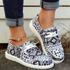 Boho Pattern Boat Shoes Lace Up Lightweight Walking Shoes Slip on Canvas Shoes