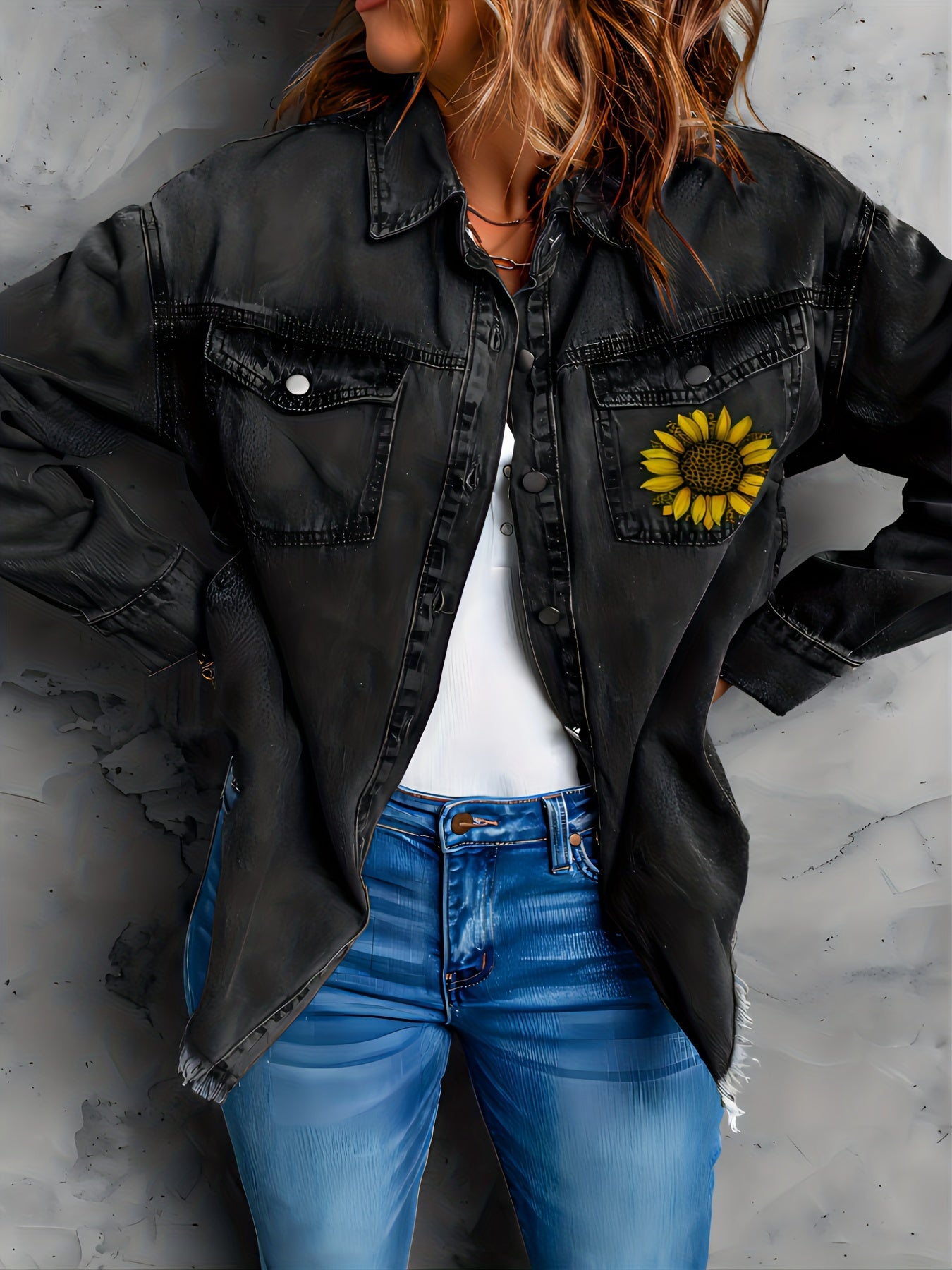 Dark Grey Sunflower Denim Jackets Long Sleeves Letter Print