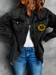 Dark Grey Sunflower Denim Jackets Long Sleeves Letter Print
